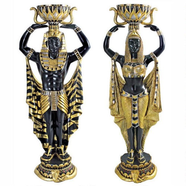 Cleopatra Set Egyptian Nubian Guard & Maiden Urn Statues Pair
